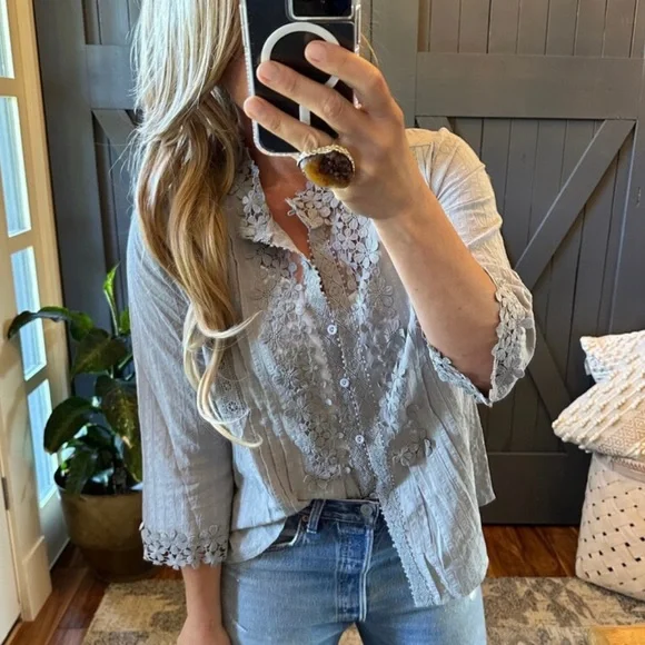 New Bohemian Grey Lace 3/4 Sleeve Button Front Floral Romantic Blouse Top - Picture 3 of 11